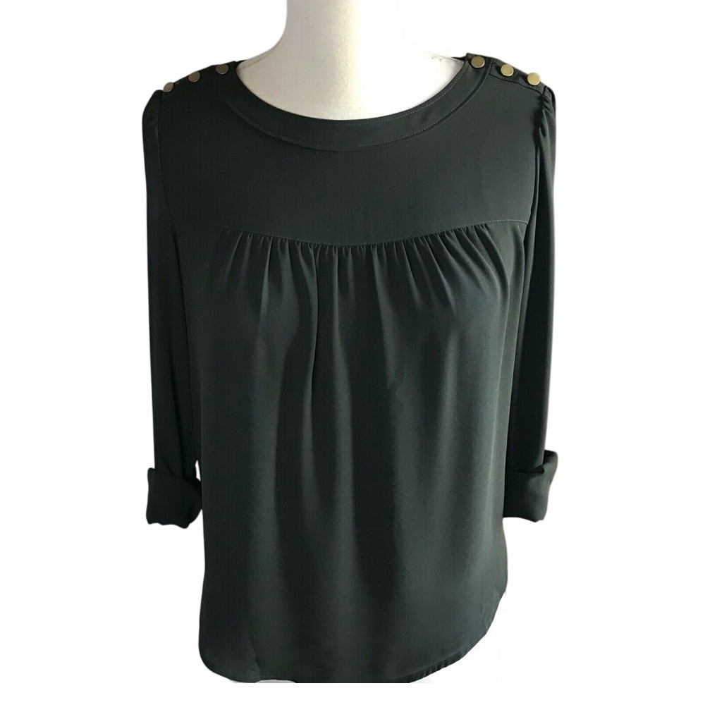 LOFT‎ Steam Punk Olive Green Blouse Gold Button Detail Long Sleeve Top XXS